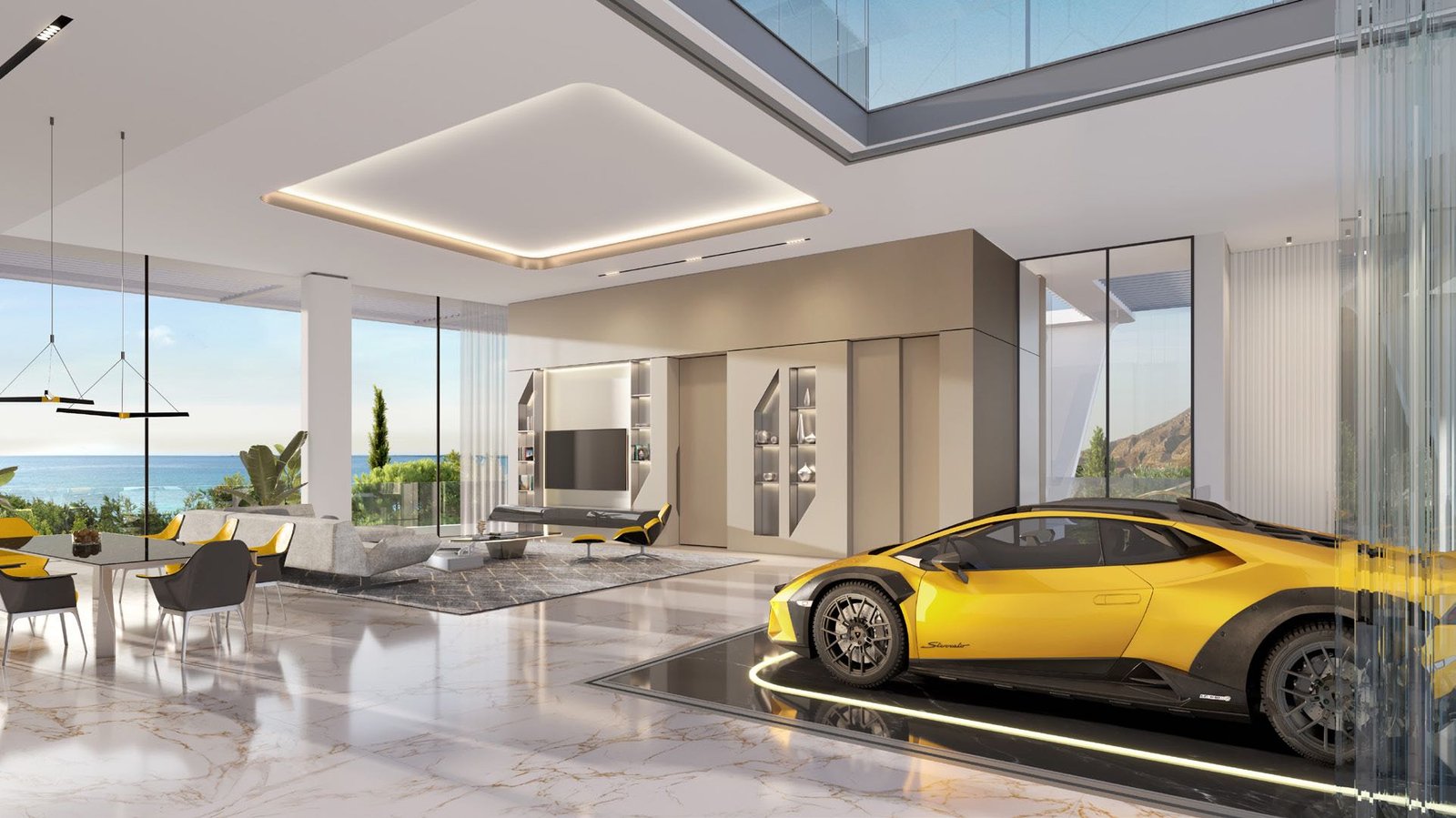 Painite mansion living room with Lamborghini car gallery (render)