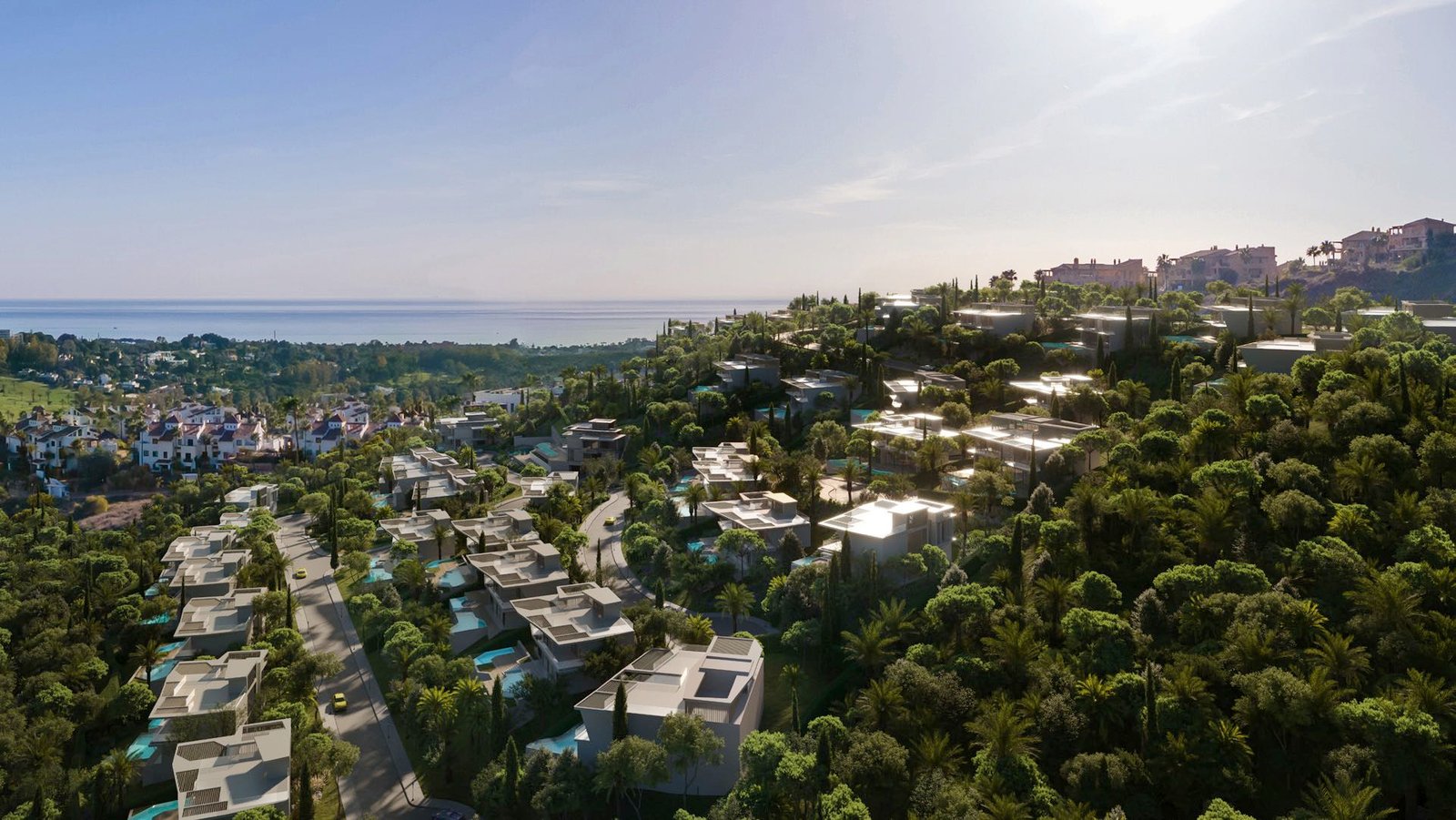 Aerial view of Tierra Viva in the Benahavís hills facing the sea (render)