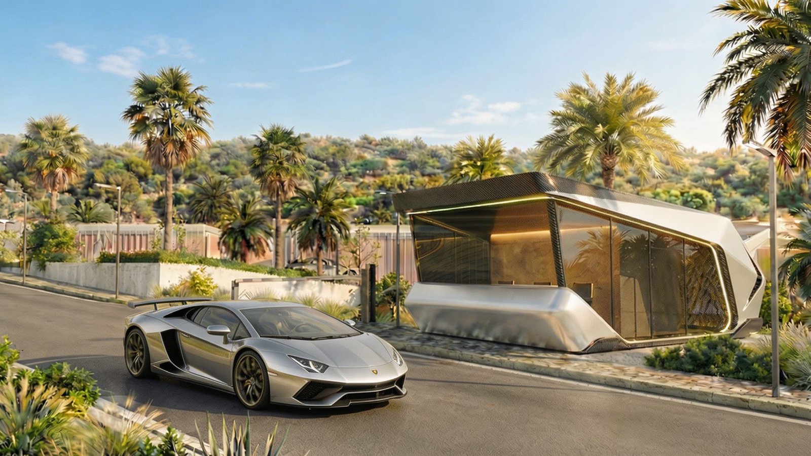 Gated entrance of Tierra Viva with a Lamborghini (render)